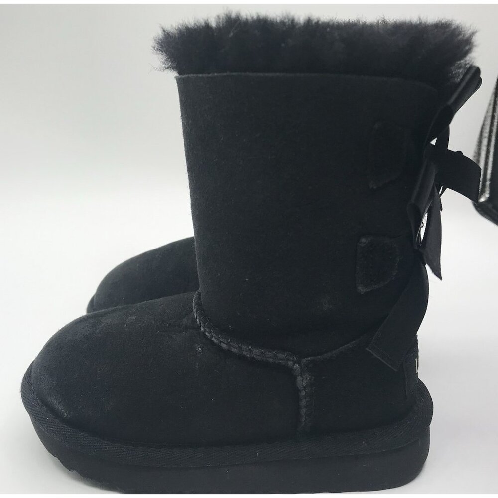 UGG Toddler Girl Bailey Bow II Boots Size 7 Black Suede Sheepskin Pull On